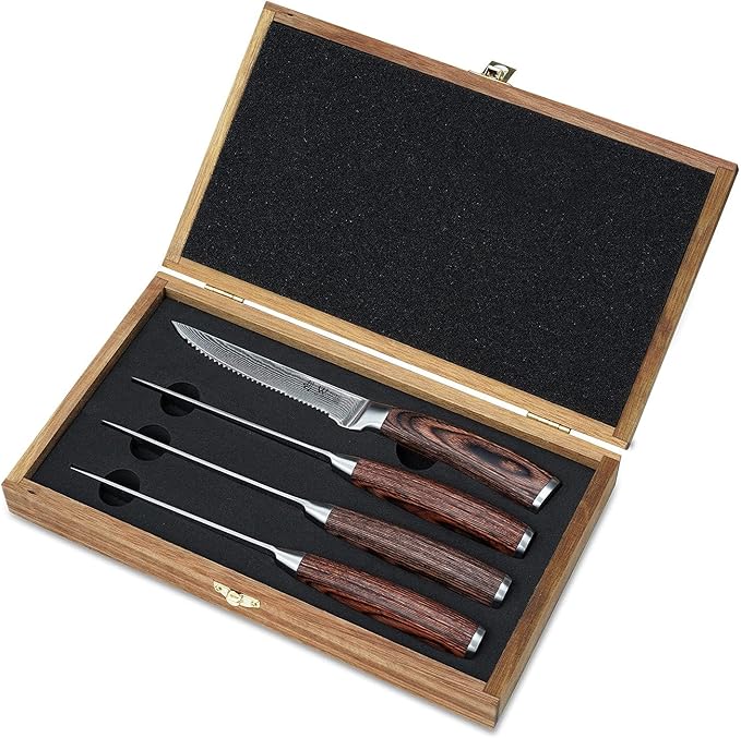 Wakoli EDIB 4-Piece Steak Knife Set – Dining Knives | Genuine Damascus Steel Blades with VG10 Core | Ergonomic Pakkawood Handles | Premium Steak Cutlery in Wooden Gift Box