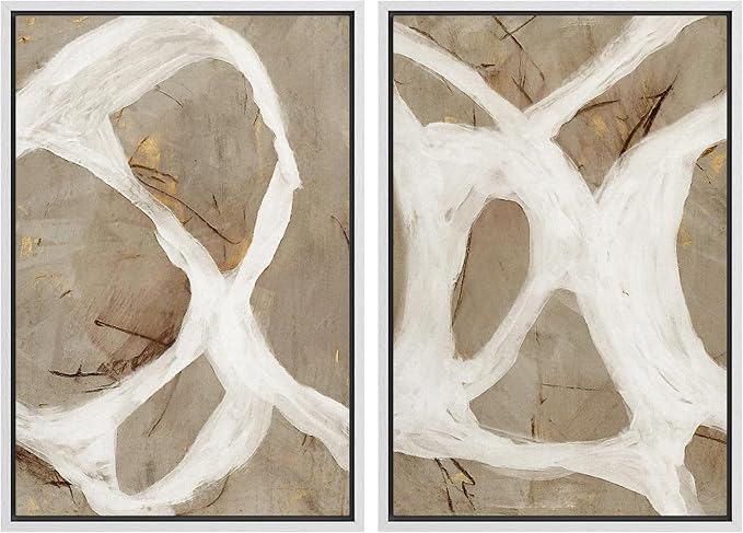 SIGNFORD Framed Canvas Print Wall Art Set Abstract White and Beige Brushstrokes on Neutral Illustrations Modern Art Decorative Bohemian for Living Room, Bedroom, Office - 16"x24"x2 White