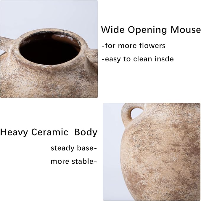 6 Inch Ceramic Vase, Terracotta Flower Vases, Vintage Porcelain Vase for Home Decor, Decorative Farmhouse Vase with hadle for Home Decor, Living Room, Shelf Decor, Farmhouse, Table, Lyeec