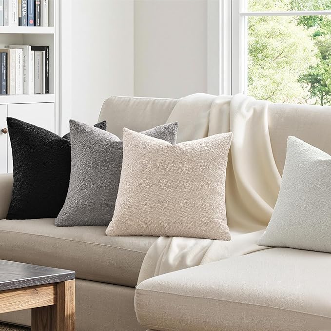 MIULEE Pack of 4 Decorative Textured Boucle Throw Pillow Covers 18x18 Inch Black White Accent Solid Pillow Cases Soft Couch Cushion Covers Modern Farmhouse Boho Chair Sofa Bed Livingroom Home Decor