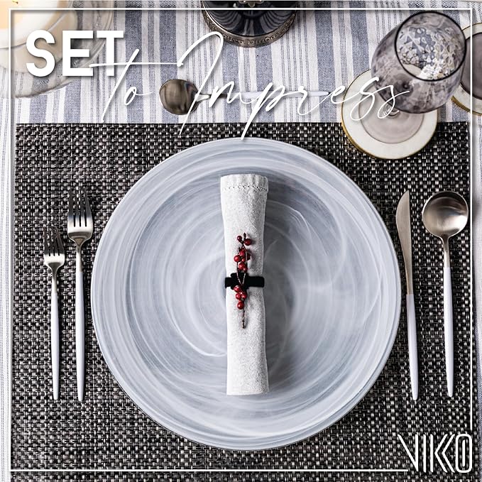 Vikko Charger Plates, Set of 6 White Alabaster Dinner Plates, 13" Plate with Marbelized, Swirl Design, Elegant Glass Charger, Dishwasher Safe