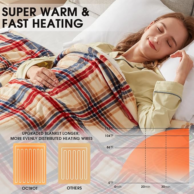Heated Electric Blanket Queen Size, 84X90 Heating Blanket Queen with Dual Control&10 Heats Levels&Timer for Bed,Brown Plaid Sherpa Soft Blankets Warmer Gift for Grandma Women Adults, Washable,ETL