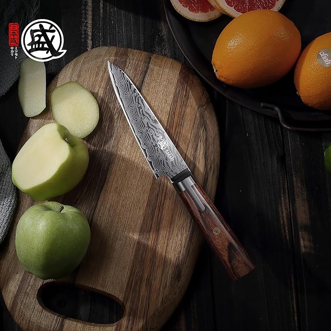 MITSUMOTO SAKARI Paring Knife 4.5 inch, S301 Damascus Steel Precision Fruit & Vegetable Knife (Hand Forged)