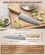 XINZUO Damascus 8.3 Inch Kiritsuke Chef Knife,Hand Forged High Carbon Steel Sharp Kitchen Cutting Knife,Comfortable Ergonomic Full Tang Figured Sycamore Wood Handle