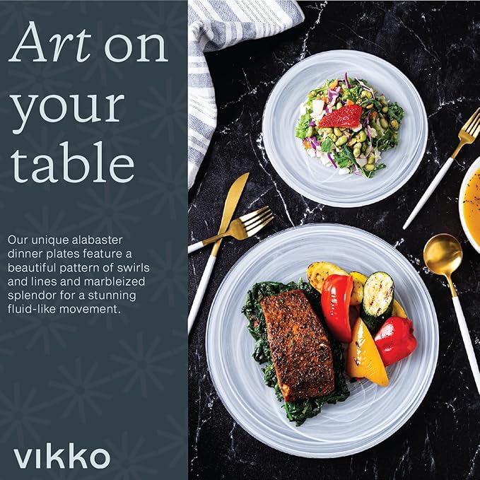 Vikko Dinner Plates, Set of 6 White Alabaster Plates, 11" Plate with Marbelized, Swirl Design, Elegant Glass Plate, Dishwasher Safe