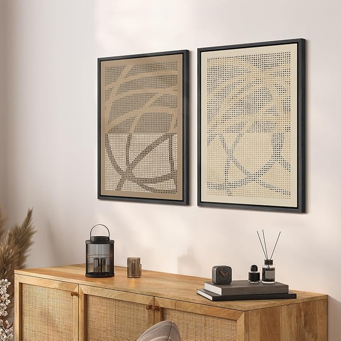 SIGNFORD Framed Canvas Print Wall Art Set Geometric Dot Patterns Earthy Beige and Brown Contrast Illustration Modern Art Decorative Nordic Nature for Living Room, Bedroom, Office - 24"x36"x2 Black