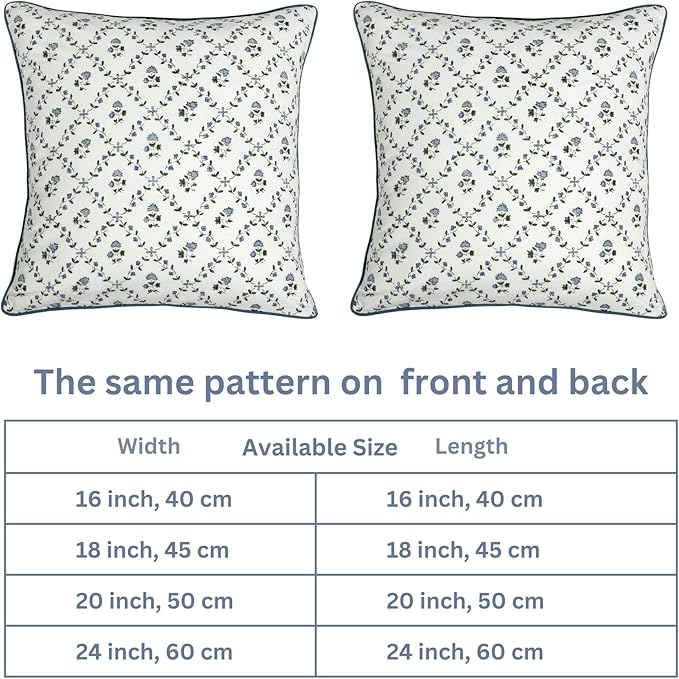 Ridhi Powder Blue Print Cotton Throw Pillow Covers for Decorative Couch Pillows for Living Room, Chic Boho Cute Outdoor Thanksgiving Ruffel Pillows Covers Gifts 16x16 Inches