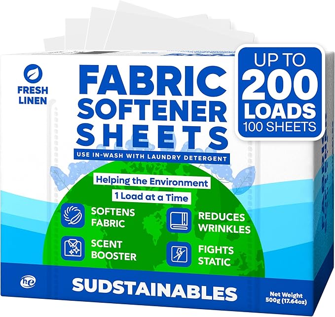 Sudstainables Fabric Softener Sheets for Washer – Eco-Friendly Laundry Softener Sheets for Washing Machines, Scented (200 loads)