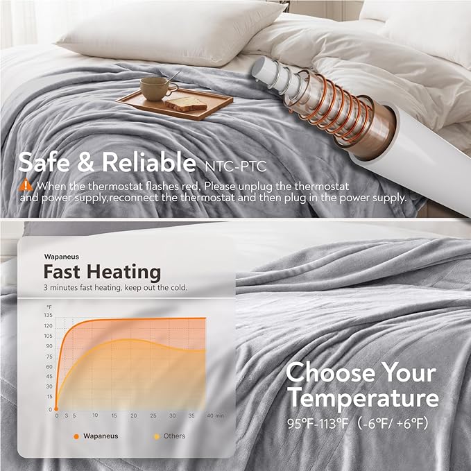 Wapaneus Foot Pocket Heated Blanket Electric Throw with 10 Heating Levels and 4 Timer Settings 4 Hours Auto Shut Off, Flannel Fast-Heating Heated Throw 50" x 60", Machine Washable,Light Grey