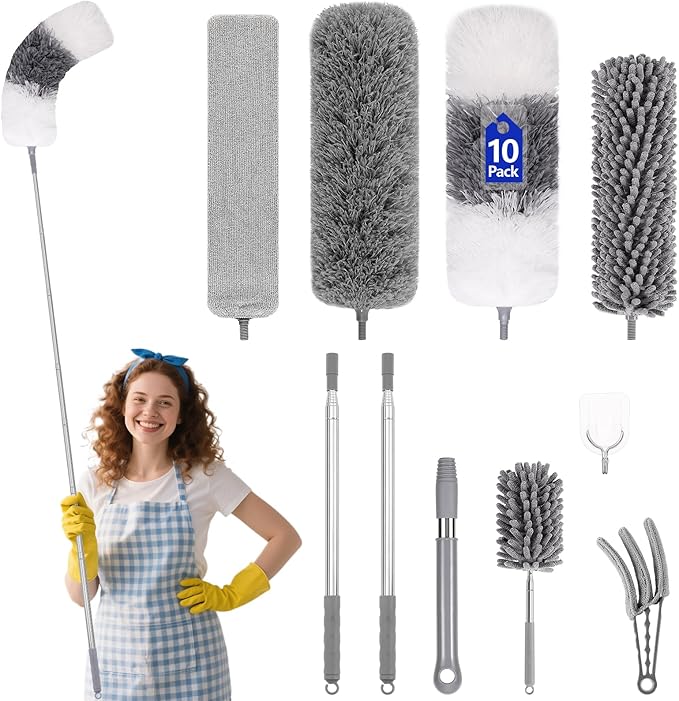 10PCS Dusters for Cleaning, Extendable Microfiber Duster with Extension Pole Up to 100'', Bendable Washable Cleaner Dusters for Cleaning Fan, High Ceiling, Blinds, Furniture, Car