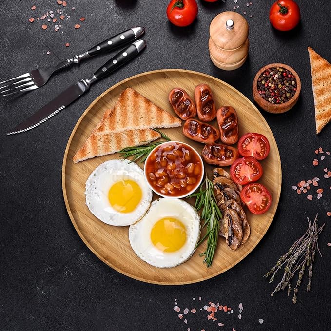 12" Premium Bamboo Round Tray - Natural Multipurpose Serving Platter for Grilling, BBQ, Tea, Coffee & Ottoman Decor