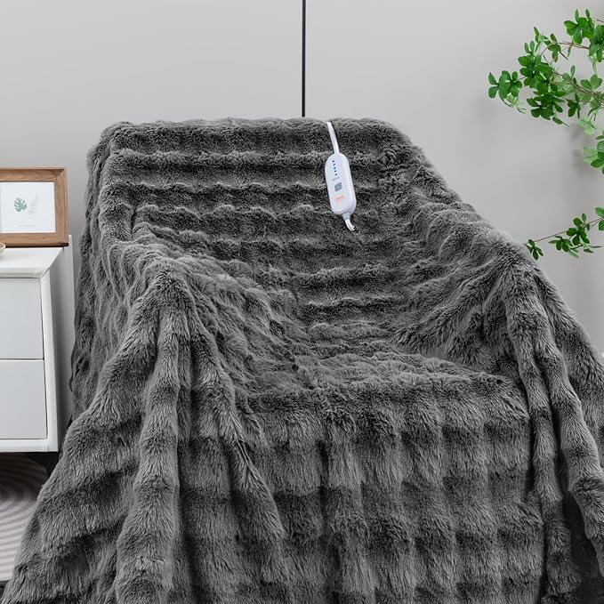 Heated Blanket Electric Twin- 62"x84" Soft Thick Bubble Electric Blanket for Sofa with 5 Heat Levels & 4 Hours Auto-Off Overheat Protection, Warm Cozy Gifts, Light Grey