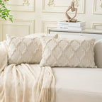 Set of 2 Soft Moroccan Throw Pillow Covers 12x20 Inch Plush Boho Decorative Pillow Cover Accent Cushion Case for Couch Sofa Bed, Beige
