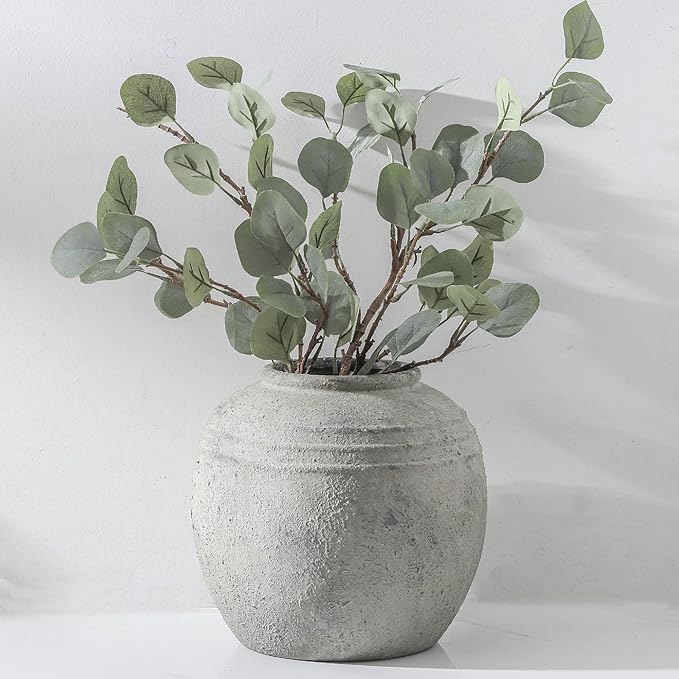 Large Ceramic Flower Vase, 8.66 inch Tall Round Rustic Farmhouse Vase for Home Decor, Wide Mouth, Living Room Shelf Decor, Enterway, Table