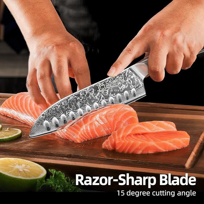 Sunnecko Santoku Knife 7 inch, Damascus Chef Knife VG-10 Steel Blade Japanese Knife, Sharp Kitchen Knife with Solid Handle Chopping Knife Perfect for Professional Home Use Cutting Knife