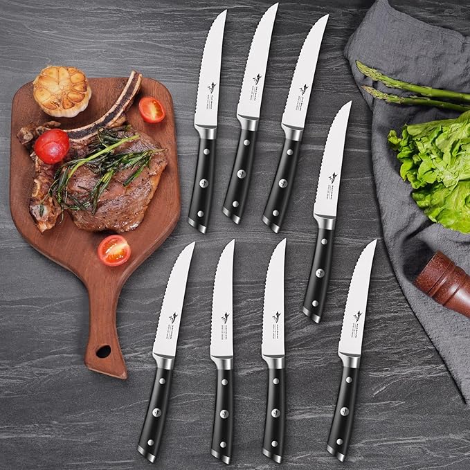 MAD SHARK Steak Knives Set of 8,Premium 12.6-inch Serrated Steak Knife Set,Ultra Sharp German High Carbon Stainless Steel Triple Rivet Collection 8-Piece Kitchen Steak Knife Set (STEAK KNIFE SET OF 8)