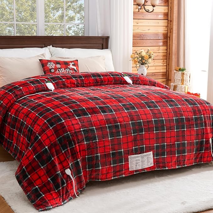 Electric Heated Blanket King Size, 90X100 Christmas Blanket with Dual Control&10 Heats Levels&Timer for Bed,Large Red Plaid Soft Sherpa Heating Blankets Warmer Gifts for Grandma Women Adults, ETL