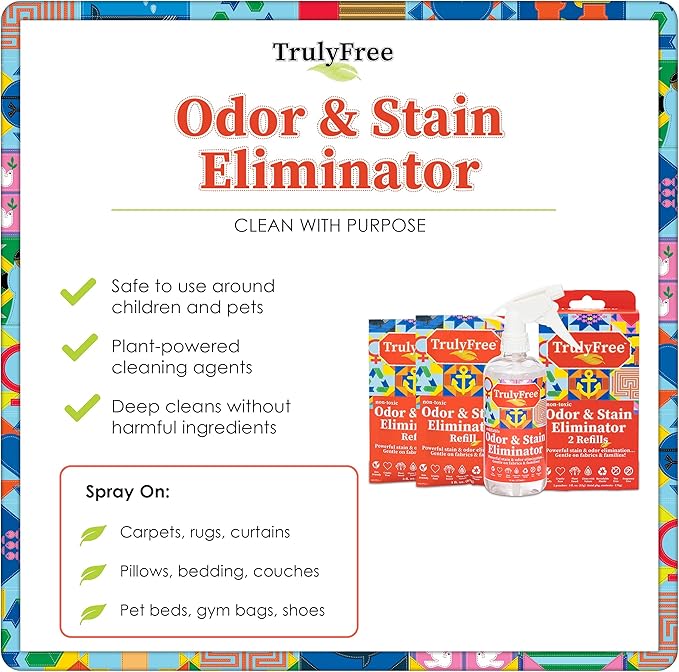 Multi-Purpose Odor & Stain Eliminator, Pet Odor Eliminator for Home & Stain Remover for Carpet, Couch, Rugs & More, Upholstery Deodorizer, Includes 1 Empty Bottle Spray & 2 Refill (3 oz ea)