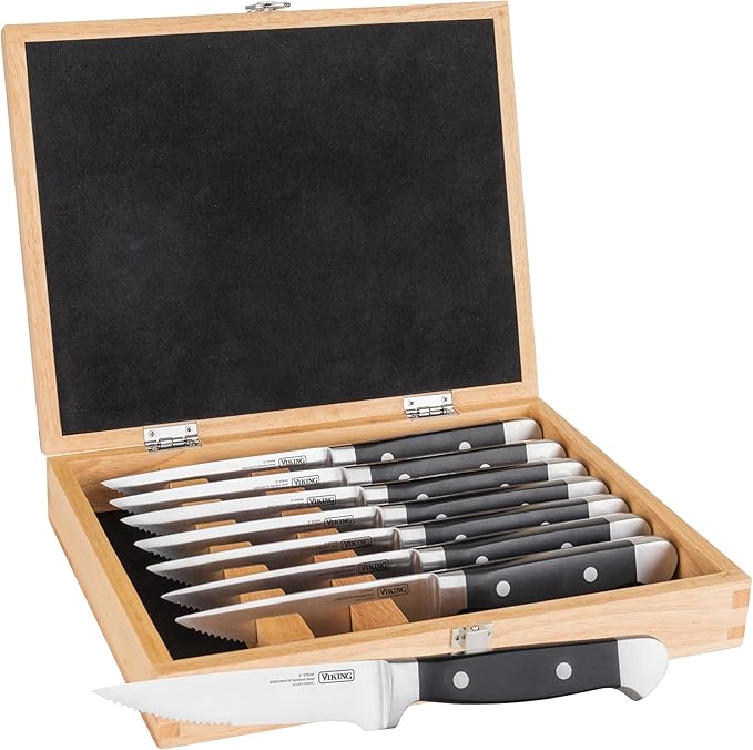 Viking Steak Knife Set, 8 Piece Stainless Steel Kitchen Knives Set with ABS Polymer Handles, Includes Wooden Gift Box, Hand Wash Only, Black