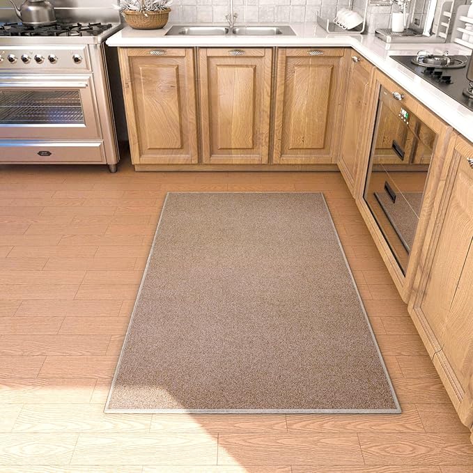 Area Rug with Non Slip Rubber Backing, Washable Soft Floor Carpet for Living Room, Kitchen, Entryway Indoor, Bedroom, Laundry, Low Pile Area Rugs, Solid Color with Pointillism Style, 3 * 5 ft Brown