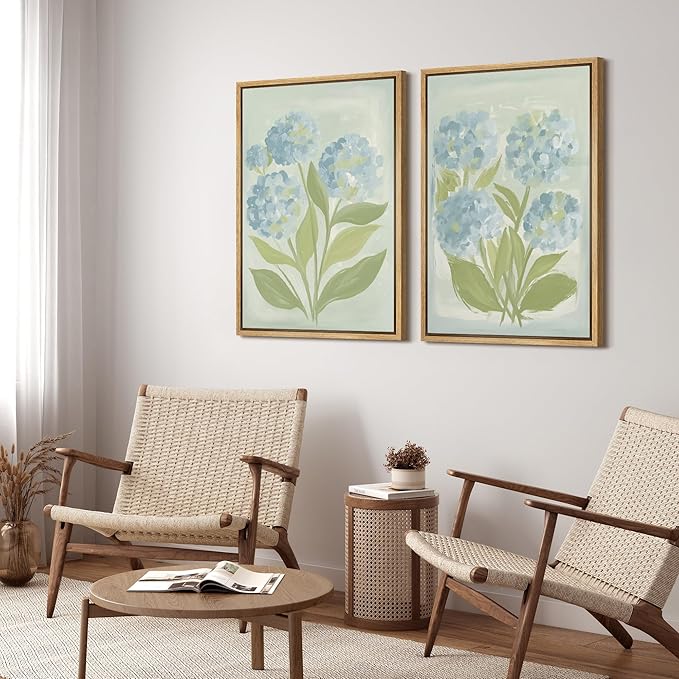 SIGNFORD Framed Canvas Print Wall Art Set Soft Hydrangea Pair Light Blue Florals with Green Leaves Illustration Modern Art Decorative Nature for Living Room, Bedroom, Office - 24"x36"x2 Natural