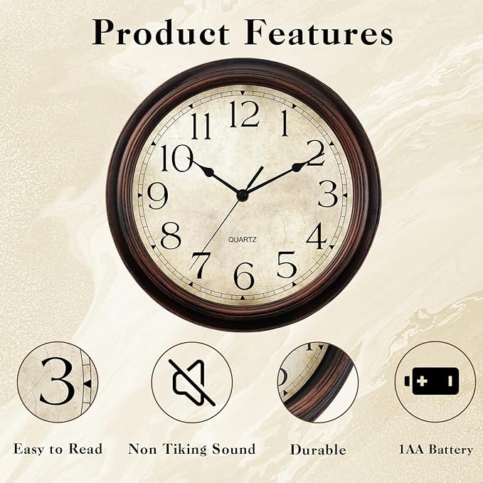 12 Inch Wall Clocks Battery Operated Silent Non-Ticking Analog Wall Clock Vintage Retro Rustic Style Decorative for Living Room Kitchen Home Office(Bronze)