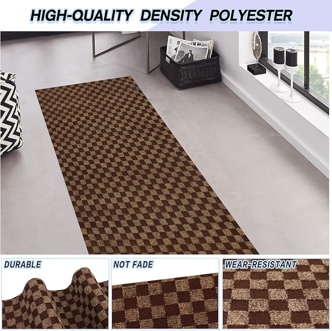 Custom Size Backed Non-Slip Area Rugs Runner, Easy Clean, Waterproof Runner Rugs for Hallway Entryway, Kitchen, Laundry, 2FT x 15FT, Brown Checkered