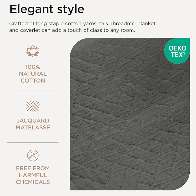 Threadmill Luxury Cotton Blankets for King Size Bed | All-Season Cozy 100% Cotton King Blanket | Criss Cross Jacquard Soft & Lightweight Coverlet fits California King Size Bed, 104x92 | Dark Grey