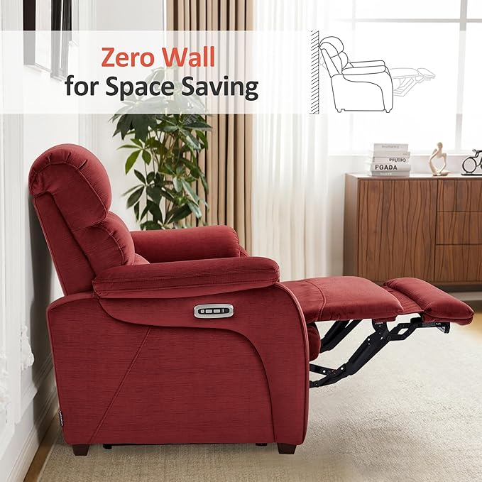 MCombo Zero Wall Recliner Loveseat, Power Recliner Loveseat with Adjustable Headrest, USB A & C Charge Ports, Wood Legs, for Living Room, RVs, Small Spaces (Fabric, ST258M1, Burgundy)