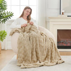 Cozy Bliss Faux Fur Throw Blanket for Couch, Fuzzy Soft Plush Thick Warm Fluffy Reversible Wave Textured Blanket for Sofa Bedroom Living Room, 55 * 70 Inches Kahki