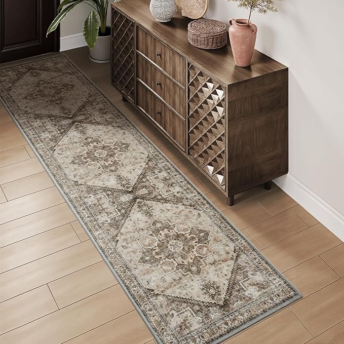 Runner 2x8 Runners for Hallways Runner-Rugs for Bedroom Soft Kitchen Machine Washable Vintage Oriental Floral Medallion Laundry Rug Non Slip Beige