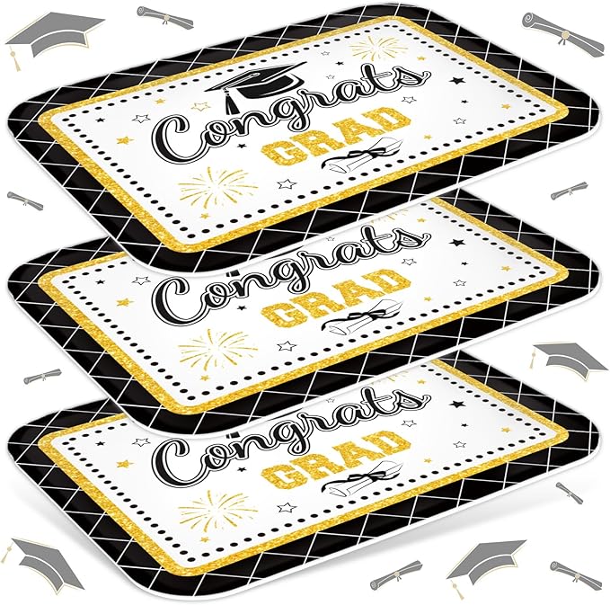 3Pcs Graduation Serving Trays 13 x 10 Inch Bachelor' s Hat Diploma Glitter Reusable Platter Congrats Grad Serving Dishes for Graduate Party Sharing Snacks Fruit Dessert