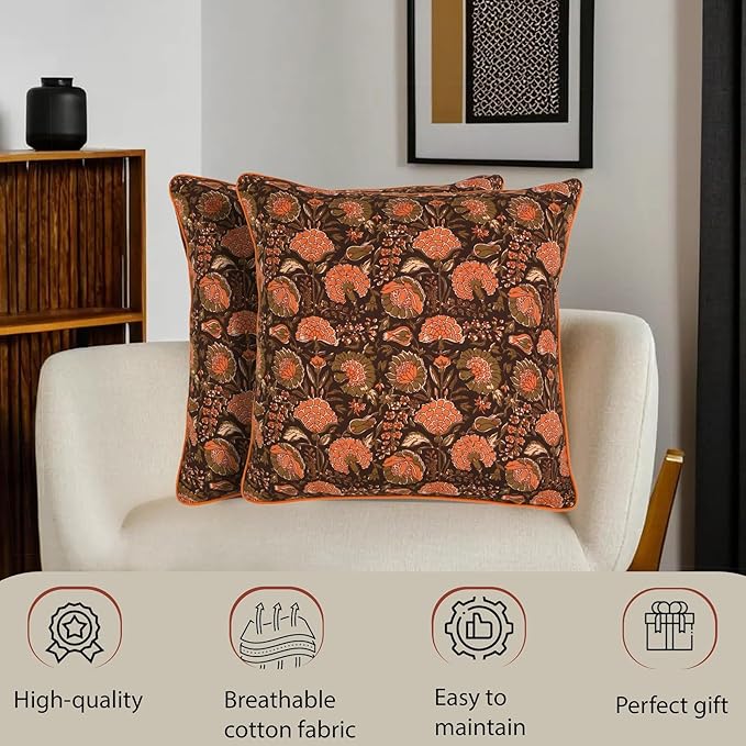 Ridhi Burgundy Grandmillennial Decorative Throw Pillow Cover 20×20 – Cotton Cushion Cover for Couch, Living Room – Zippered, Floral Preppy Design