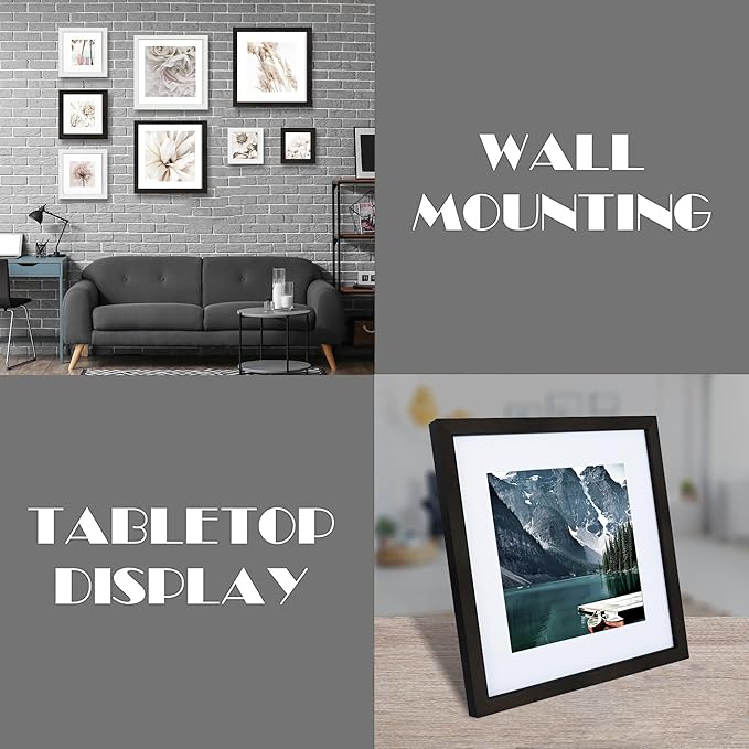12x12 Black Picture Frame set of 3, Made of Glass and Wooden Square Photo frame - Displays Picture 8x8 With Mat or 12 x 12 Without Mat, Desktop & Wall Collage Photo Frame