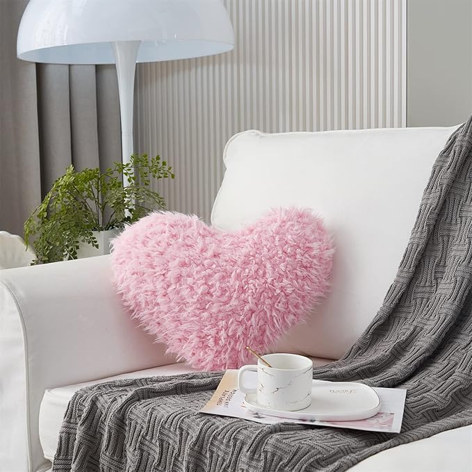 MOOWOO Pink Girl Heart Throw Pillow with Pillow Cover and Insert,Love Pillow，Valentines Day Decor, Shaggy Faux Fur Fluffy Pillow, Gift for Mothers,Girls (Pink,Heart Shape-15.7X15.7Inches)