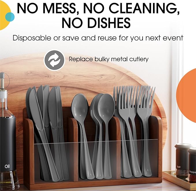 Party Solids Silver Plastic Silverware Heavy Duty 150 Pieces Silver Plastic Cutlery Sets, Utensil Sets, 50 Of Each Forks, Knives & Spoons Disposable Cutlery Set, Flatware Set For Party Supplies