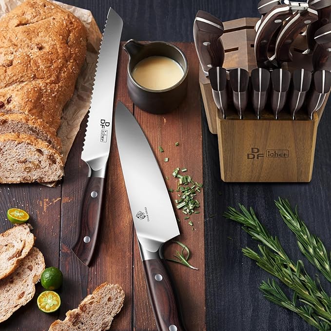 DDF iohEF Kitchen Knife Set, 16-Piece Knife Sets for Kitchen with Block Japanese Stainless Steel Knives Set with Sharpener Ultra Sharp Professional Chef Knife Set with Ergonomic Handle for Cutting