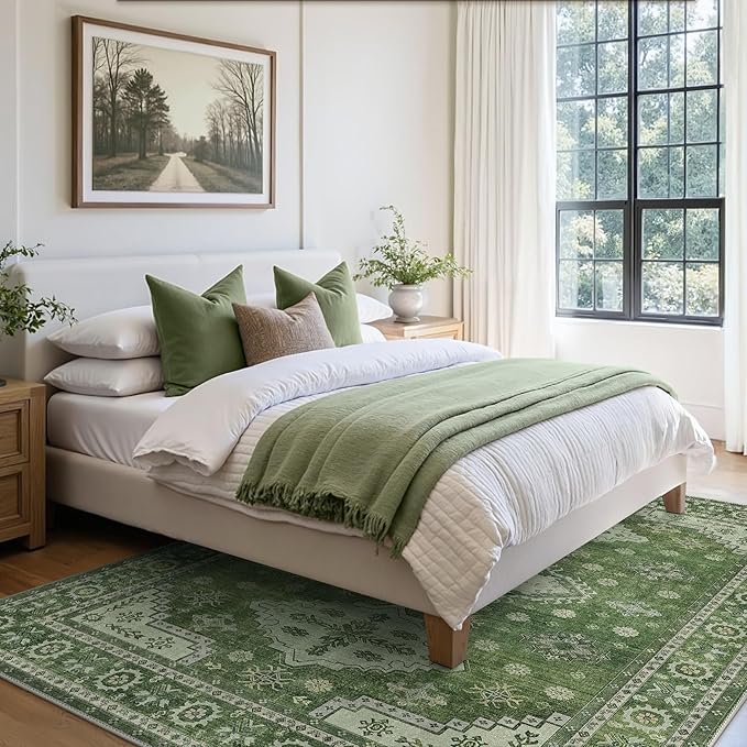 GENIMO Washable Rug 6X9 Area Rugs for Living Room Bedroom, Machine Washable Area Rug, Print Vintage Tribal Aesthetic Carpet, Low Pile Mat with Non Slip Rubber Backing, Distressed Green