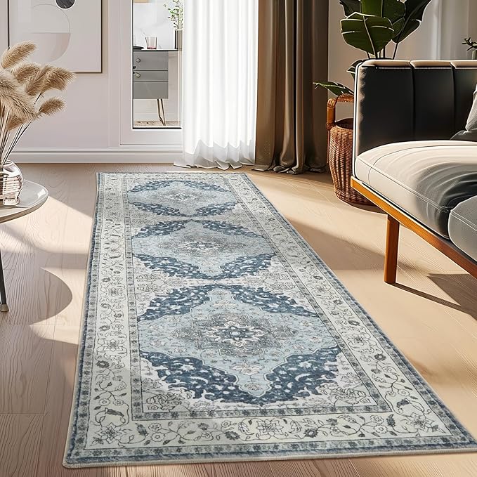 Topllen Runner Rug - 2'x6' Boho Washable Kitchen Rug, Non-Slip Soft Low Pile Rugs Indoor for Entrance Living Room Bedroom Bathroom,Vintage Throw Hallway Carpet Stain Resistance (Blue, 2x6ft)