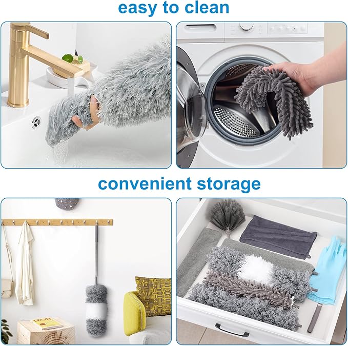 Microfiber Extendable Feather Duster (11pcs) with 100" Extension Pole, Washable Reusable Bendable Dusters for Cleaning Ceiling Fan, High Ceiling, TV, Blinds, Cars