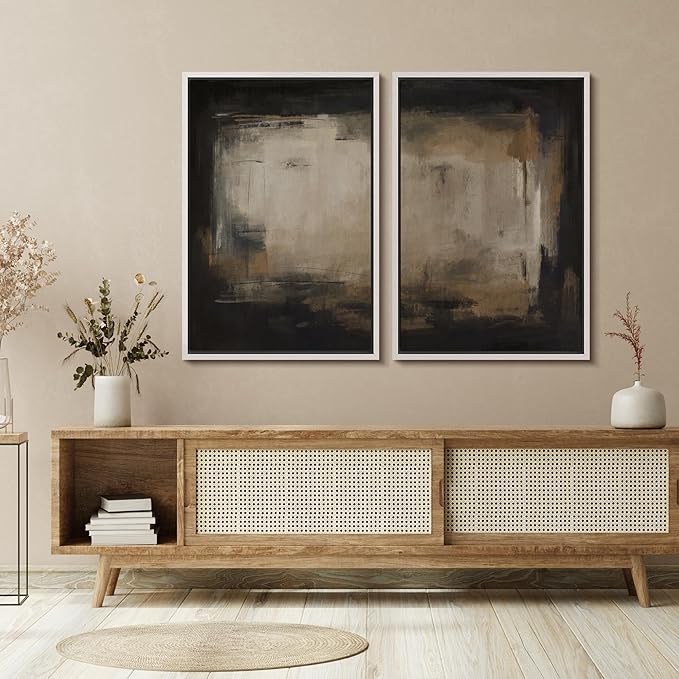 SIGNFORD Framed Canvas Print Wall Art Set Neutral Black and Brown Contemporary Minimalist Illustration Modern Art Decorative for Living Room, Bedroom, Office - 16"x24"x2 White