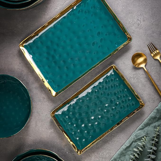 Stone Lain Florian Porcelain Large and Medium Rectangle Service Platters, Green with Gold Rim