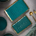 Stone Lain Florian Porcelain Large and Medium Rectangle Service Platters, Green with Gold Rim