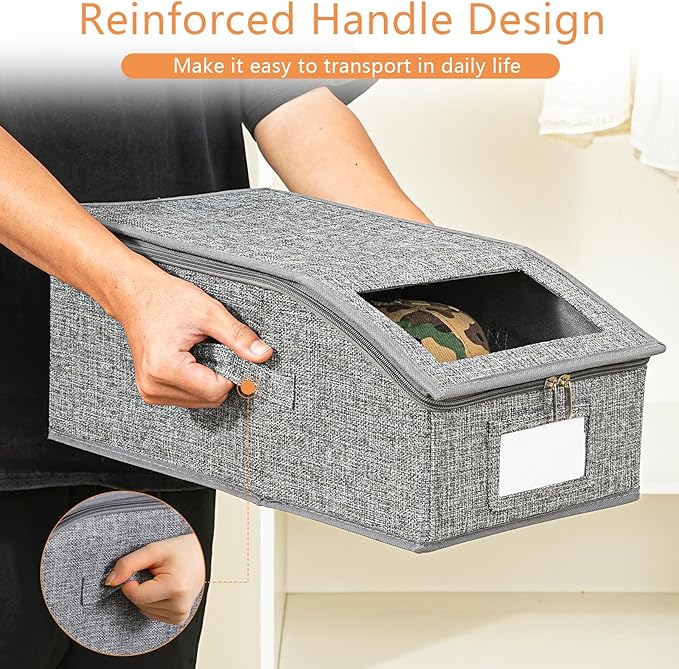 Grey Hat Organizer for Baseball Cap, Hat Storage for Closet with Clear Window, 4 Pack Stackable Storage Organizer Holds up to 48 Caps, Breathable Fabric Box for Snacks, Toys, Socks