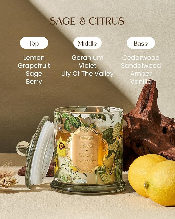 M&SENSE Sage Citrus Scented Candles, Natural Organic Soy Candle 12.7oz 75H Long Lasting Slow Burning, 2 Wick Large Jar Candle Stress Relief Air Purifying, Gifts for Men Women Father