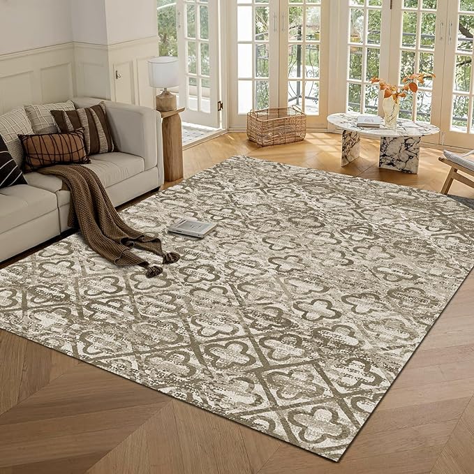 RUGSURE Washable Area Rugs, 9' x 12' - 1/6 Thick - Stain & Water Resistant Non-Slip - Perfect Resistant Rug for Living Room, Bedroom, Nursery, Pet & Child Friendly, Vibrant Colors Rugs, Brown