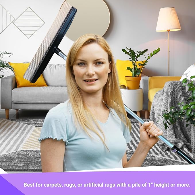 Room Groom PET Carpet Rake and Groomer with Telescoping 54 Inch Adjustable Handle, Rugs, and Artificial Turf, Purple Grip, Black/Purple