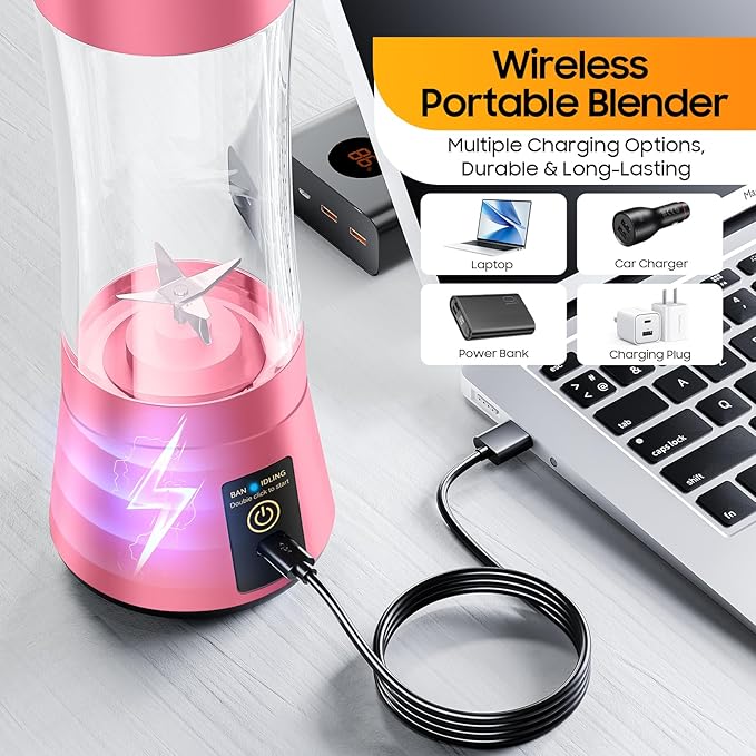 Portable Blender Make Shakes and Smoothies - USB Rechargeable Personal Size Mini Blender Freshly Squeezed, 380Ml BPA Free Travel Cup in Picnic/Office/Gym