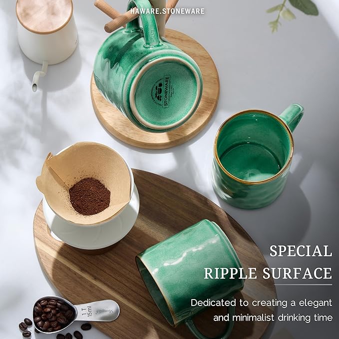 HaWare 14OZ Coffee Mugs Set of 4, Stoneware Coffee Cups with Handle, Latte Mug for Man, Woman, Dad, Mom, Modern Tea Mugs for Latte/Cappuccino/Cocoa/Milk, Dishwasher& Microwave Safe, Reactive Green