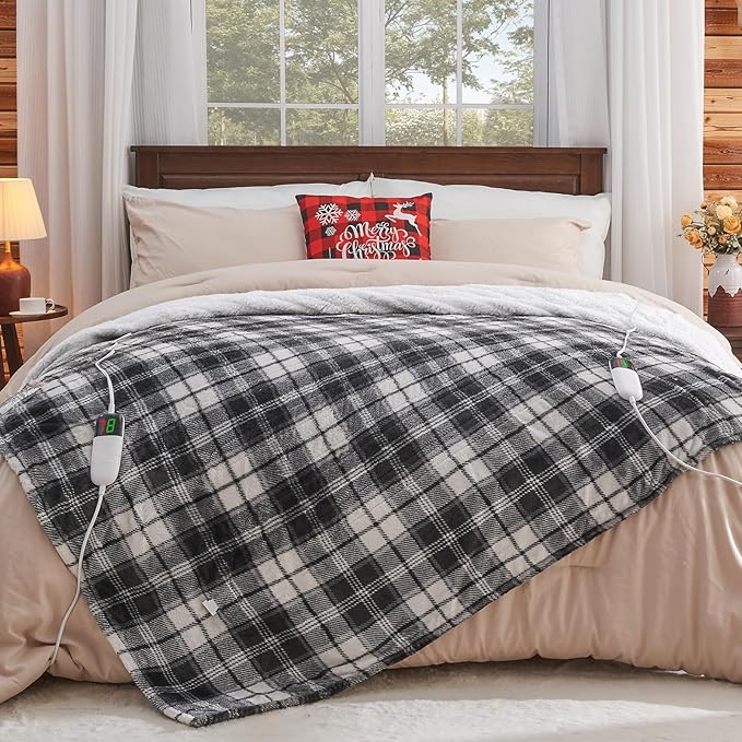 Heated Electric Blanket Queen Size, 84X90 Heating Blanket Queen with Dual Control&10 Heats Levels&Timer for Bed,Black Plaid Sherpa Large Blankets Warmer Gift for Grandma Women Adults, Washable,ETL